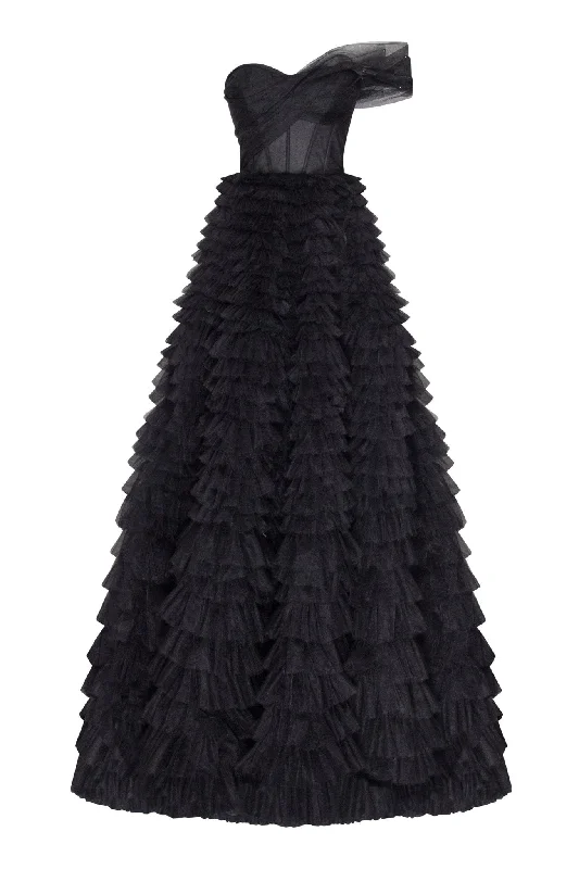 Striped Short Evening Dress-Timeless one-shoulder frill-layered ball gown in black