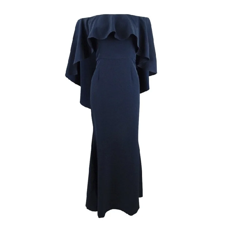 Beige Long Sleeve Evening Dress-Vince Camuto Women's Off-The-Shoulder Capelet Gown (6, Navy)