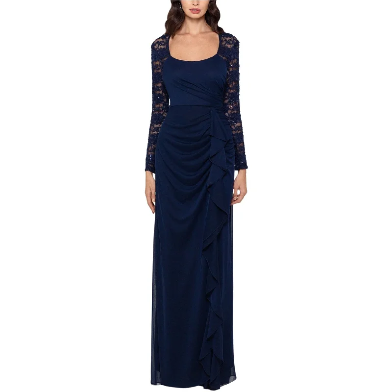 Petite Midi Evening Dress-Xscape Womens Lace-Sleeve Side-Ruching Gown Dress