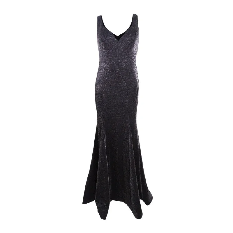 Long Silver Evening Dress-Xscape Women's Metallic Trumpet Gown