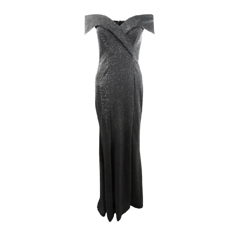 Petite Evening Dress-Xscape Women's Off-The-Shoulder Glitter Gown (4, Black/Silver)