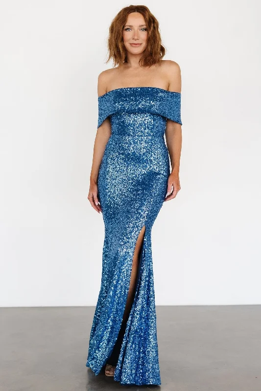 Wedding Trendy Evening Dress-Yvonne Off Shoulder Sequin Gown | Blue