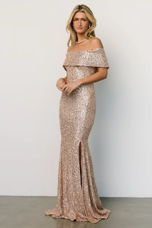 Prom Backless Evening Dress-Yvonne Off Shoulder Sequin Gown | Champagne