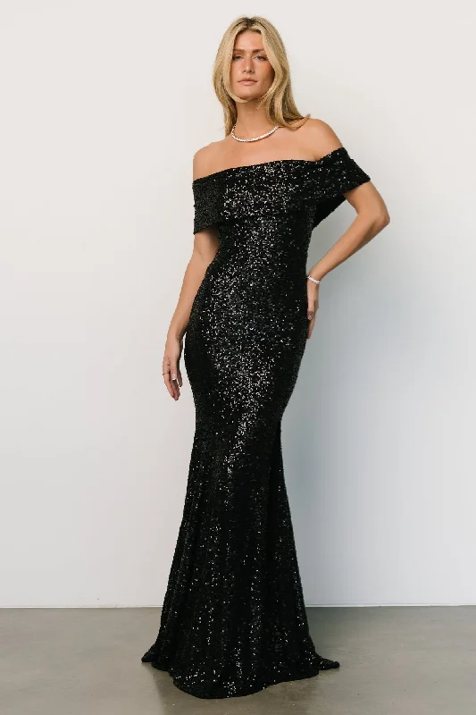 High Neck Yellow Evening Dress-Yvonne Off Shoulder Sequin Gown | Black