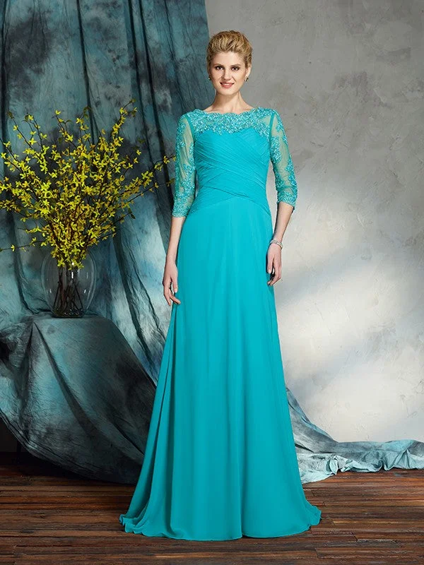 One Shoulder Party Maxi Dresses-A-Line/Princess Bateau Applique 3/4 Sleeves Long Chiffon Mother of the Bride Dresses