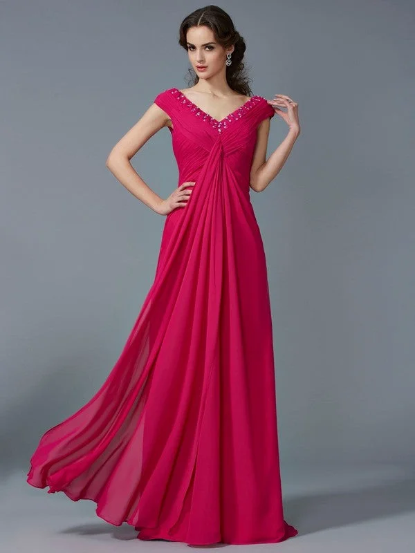 Leather Summer Maxi Dresses-A-Line/Princess Beading V-neck Short Sleeves Long Chiffon Dresses