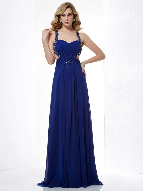 Sleeveless Summer Maxi Dresses-A-Line/Princess Halter Sleeveless Beading Long Chiffon Dresses