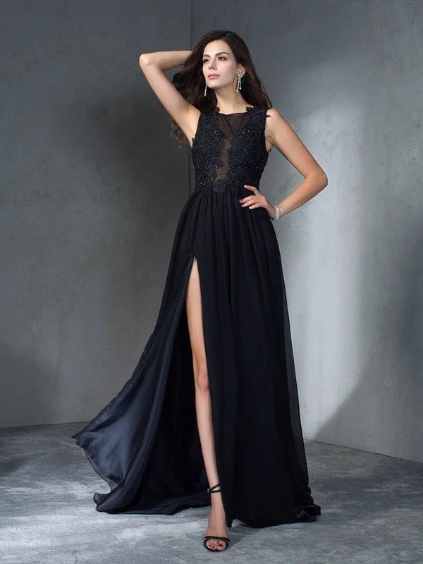 Elegant Casual Maxi Dresses-A-Line/Princess Scoop Applique Sleeveless Long Chiffon Dresses