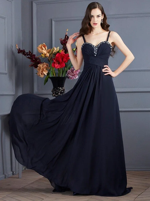 Blue Maxi Dresses-A-Line/Princess Spaghetti Straps Sleeveless Beading Long Chiffon Dresses