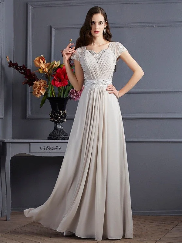 Beaded Formal Maxi Dresses-A-Line/Princess Sweetheart Short Sleeves Beading Long Chiffon Dresses