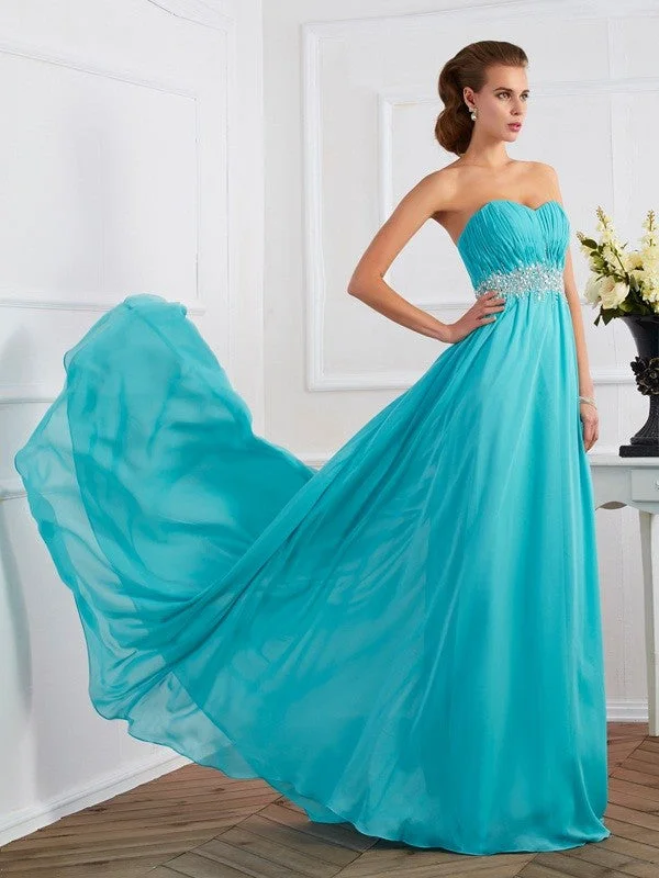 Formal Satin Maxi Dresses-A-Line/Princess Sweetheart Sleeveless Beading Long Chiffon Dresses