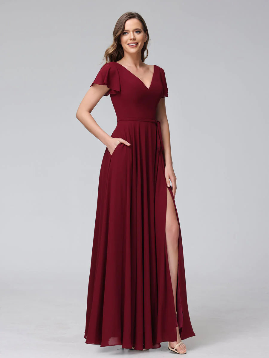 Sequin Club Maxi Dresses-A-Line V-Neck Ruffles Short Sleeves Long Chiffon Dresses With Split Side & Pockets