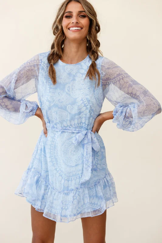 White Lace Maxi Dresses-Always & Forever Long Balloon Sleeve Crew Neck Dress Paisley Print Blue