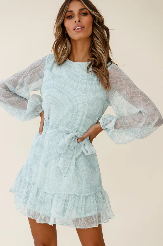 Work Denim Maxi Dresses-Always & Forever Long Balloon Sleeve Crew Neck Dress Paisley Print Mint