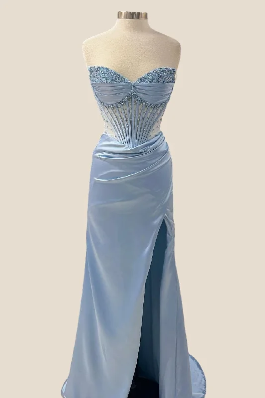 Grey Maxi Dresses-Beaded Light Blue Corset Mermaid Long Formal Dress