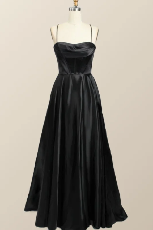 Festival Maxi Dresses-Black Satin A-line Cowl Neck Long Formal Dress