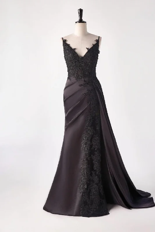 Lace Maxi Dresses-Black Satin Appliques Mermaid Long Dress with Slit