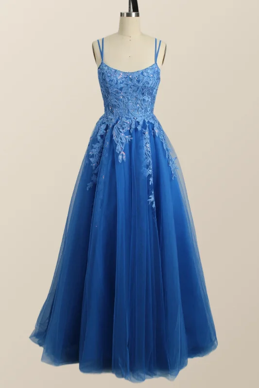 Sleeveless Maxi Dresses-Blue Appliques A-line Tulle Long Dress