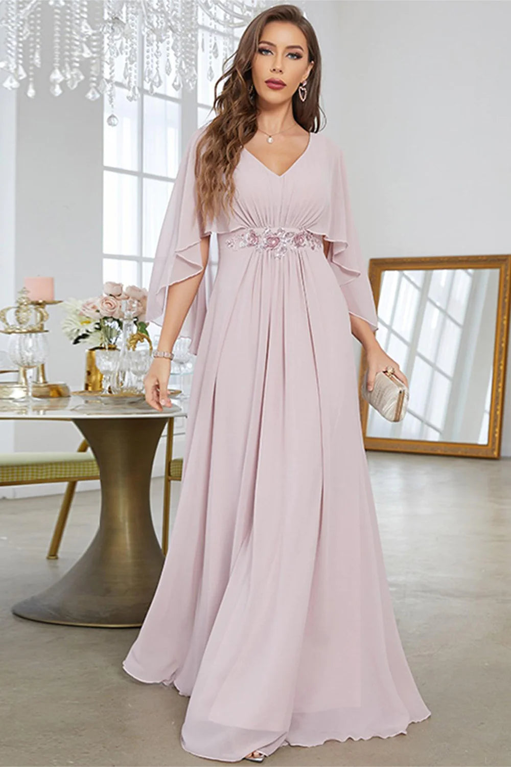 Mesh Casual Maxi Dresses-Blush A Line Chiffon Long Formal Dress With Short Sleeves