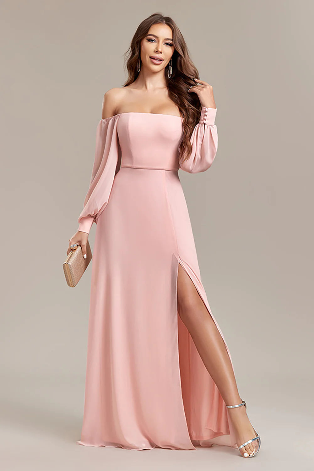 One Shoulder Vintage Maxi Dresses-Blush A-Line Off the Shoulder Long Formal Dress with Slit