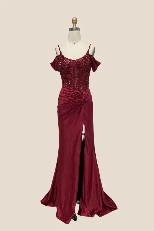 Embroidered Orange Maxi Dresses-Cold Shoulder Burgundy Beaded Ruched Long Dress