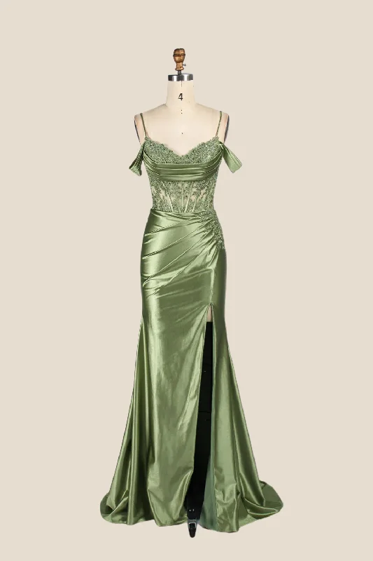 Maternity Sequin Maxi Dresses-Cold Shoulder Sage Appliques Long Dress with Slit