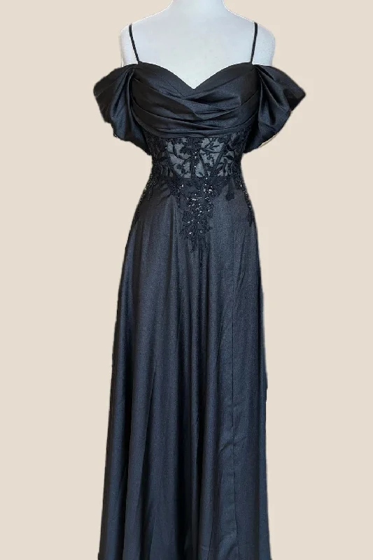 Black Vintage Maxi Dresses-Cowl Neck Black Appliques Long Dress with Slit