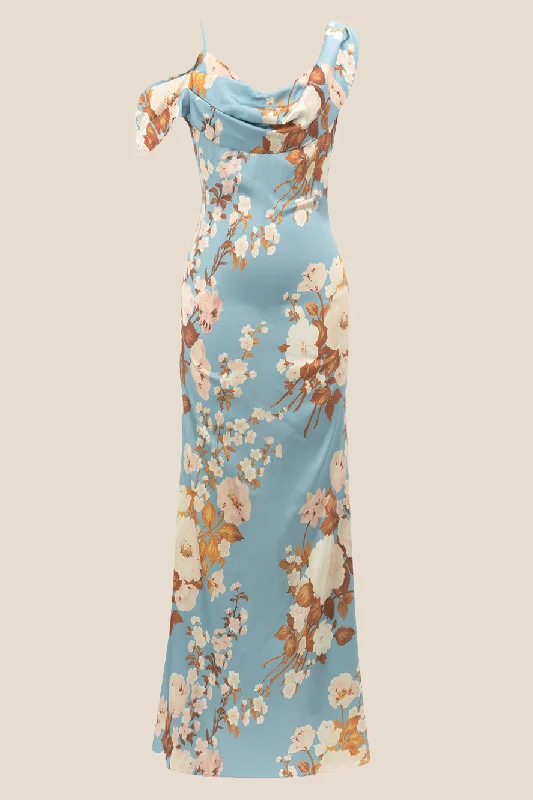 Mesh Boho Maxi Dresses-Cowl Neck Blue Floral Print Mermaid Long Dress