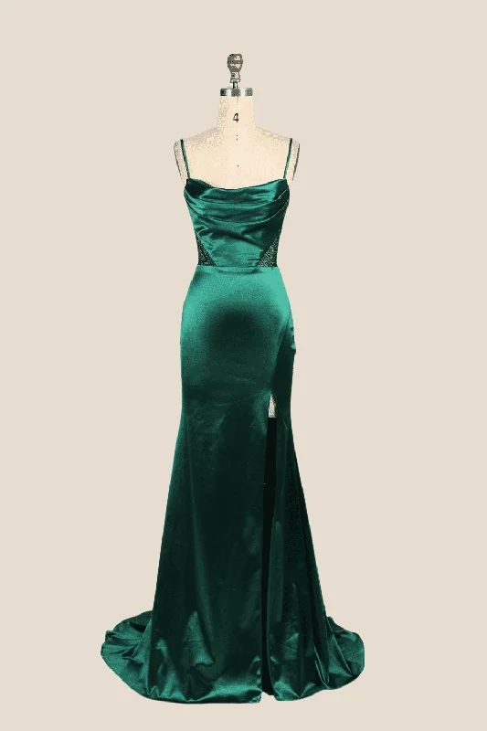 Sequin Club Maxi Dresses-Cowl Neck Emerald Green Beaded Long Dress