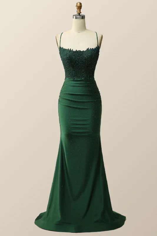 Leather Boho Maxi Dresses-Dark Green Mermaid Appliques Long Formal Dress