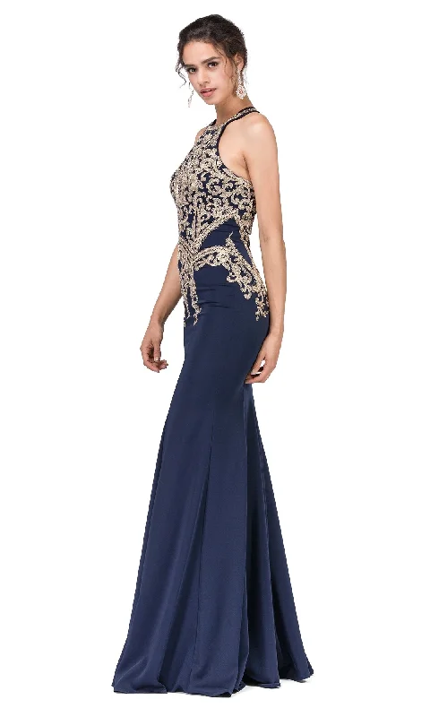 One Shoulder Club Maxi Dresses-High-Neck Long Formal Dresses with Gold Details