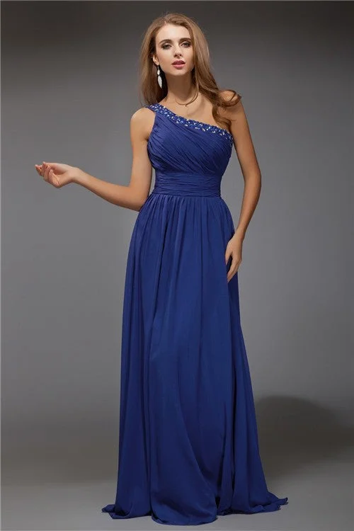 Winter Blue Maxi Dresses-Fantastic Sheath/Column One-Shoulder Sleeveless Beading Long Chiffon Dresses