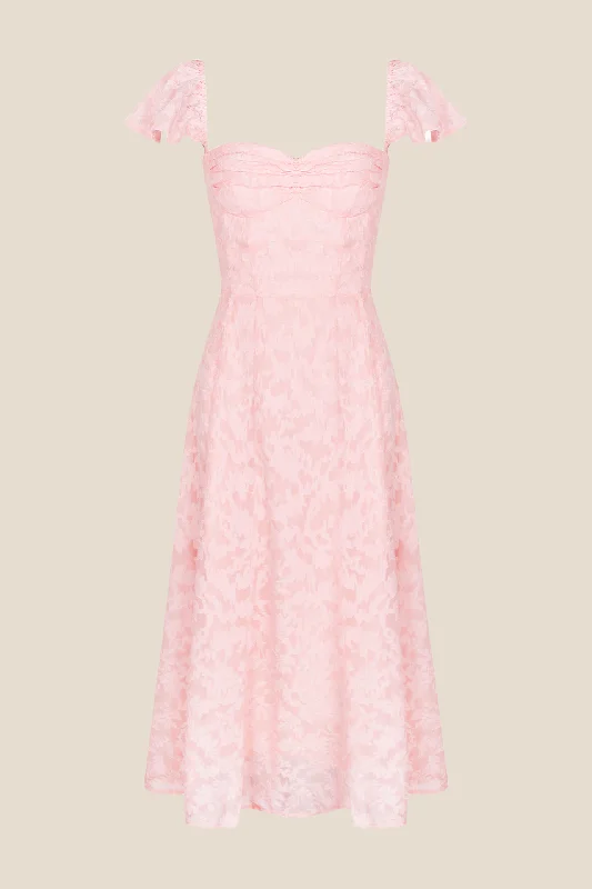 Teens Work Maxi Dresses-Flare Sleeves Pink Ruched A-line Long Dress