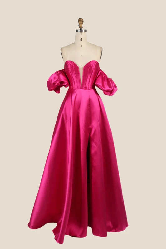 Red Casual Maxi Dresses-Fuchsia A-line Long Dress with Removable Sleeves