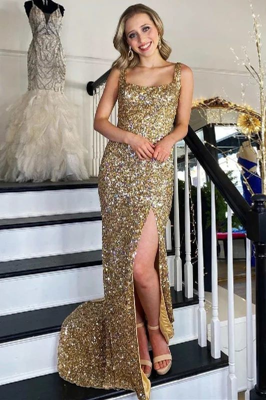 Designer Club Maxi Dresses-Gold Sequin Square Neck Backless Mermaid Long Formal Dress with Slit