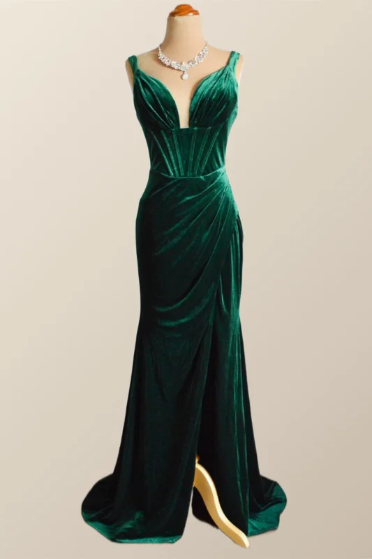 Beach Purple Maxi Dresses-Green Velvet Mermaid Long Formal Dress with Slit