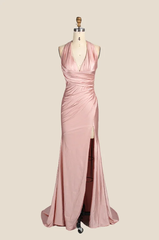 Grey Party Maxi Dresses-Halter Blush Pink Ruched Long Dress with Slit