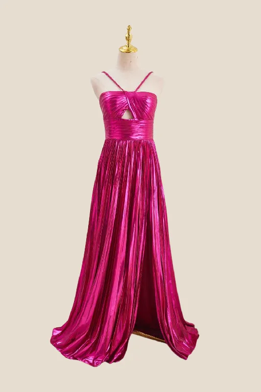 Silver Club Maxi Dresses-HalterFuchsia Pleated Metallic Long Dress