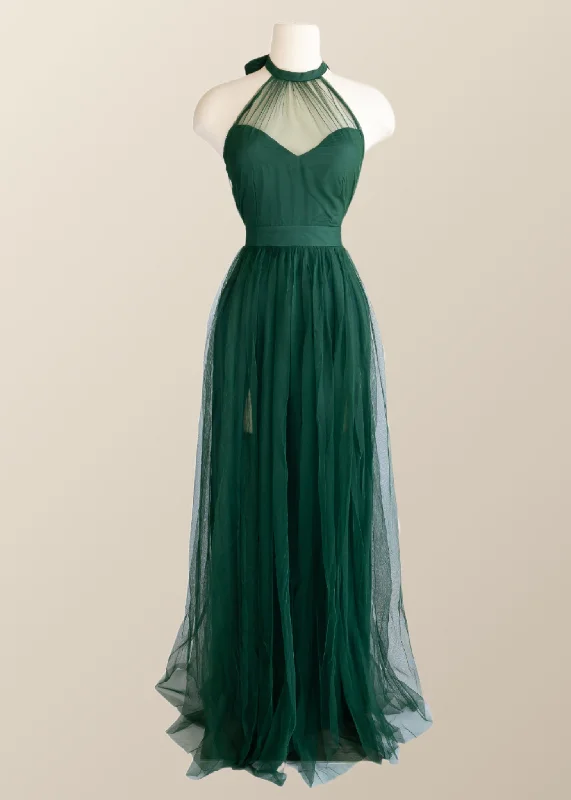 Vintage Black Maxi Dresses-Halter Hunter Green Tulle Long Formal Dress