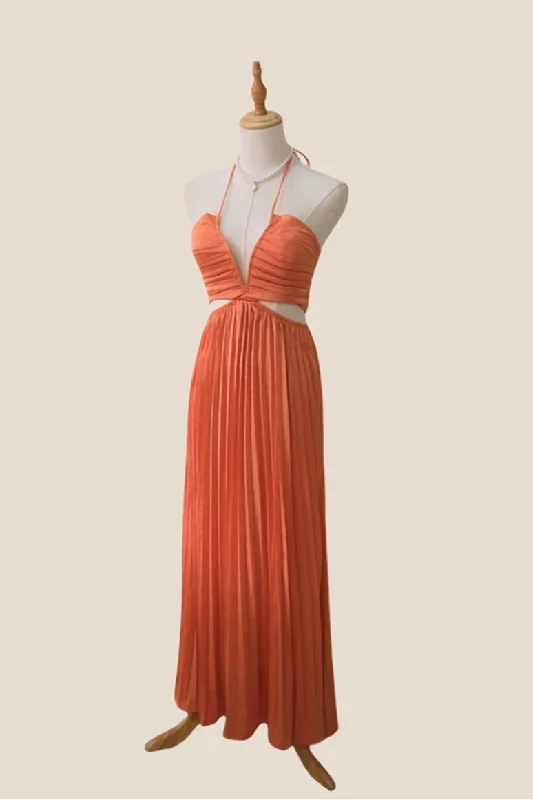 Chiffon One Shoulder Maxi Dresses-Halter Orange Cutout Pleated Chiffon Long Dress