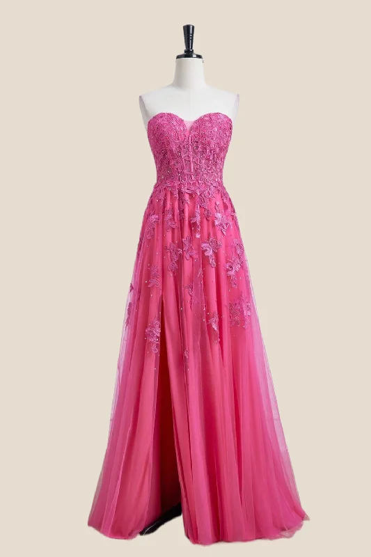 Pink Maxi Dresses-Hot Pink Lace and Tulle Long Formal Dress