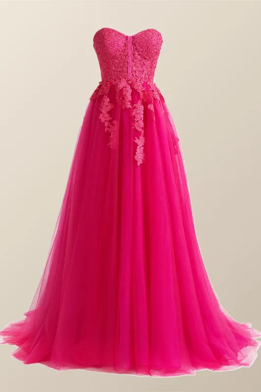 Beige Maxi Dresses-Hot Pink Lace Appliques A-line Long Dress