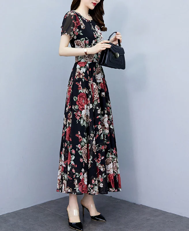 Silk Black Maxi Dresses-Ladies Slimming Long dress with waist and short sleeves