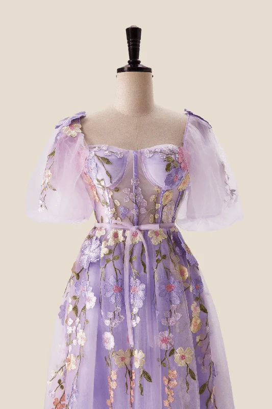 Strapless Maxi Dresses-Lavender Floral Corset A-line Long Dress