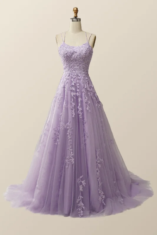 Satin Formal Maxi Dresses-Lavender Lace Appliques A-line Long Formal Dress