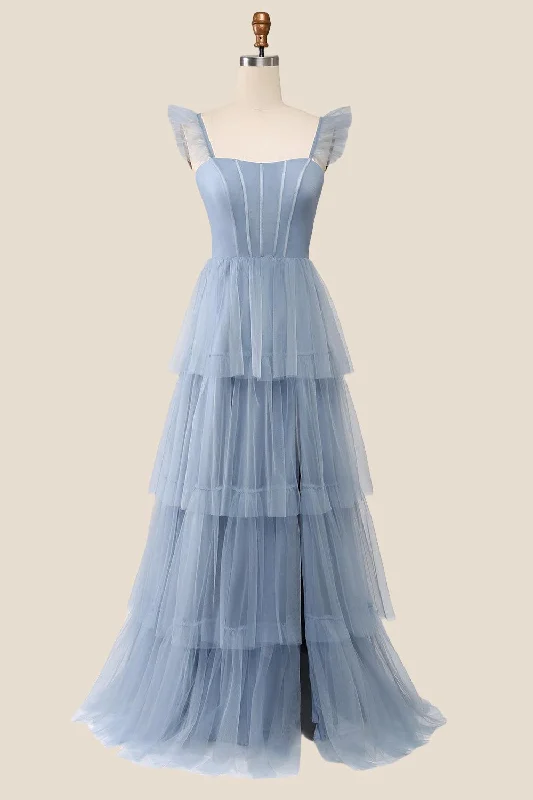 High Neck Vintage Maxi Dresses-Blue Tulle Tiered A-line Long Dress