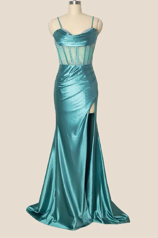 Ruffle Maxi Dresses-Light Teal Beaded Sheer Mermaid Long Dress