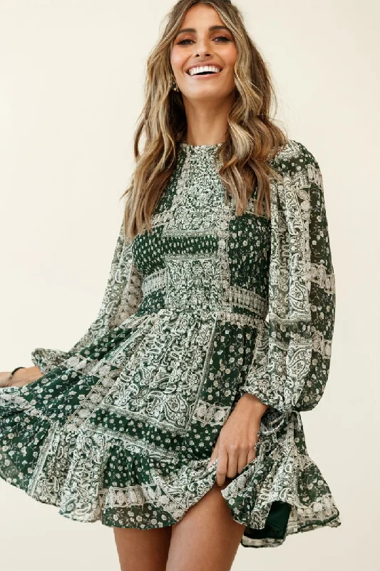 Plaid Winter Maxi Dresses-Marja Long Balloon Sleeve Shirred Dress Paisley Print Forest Green