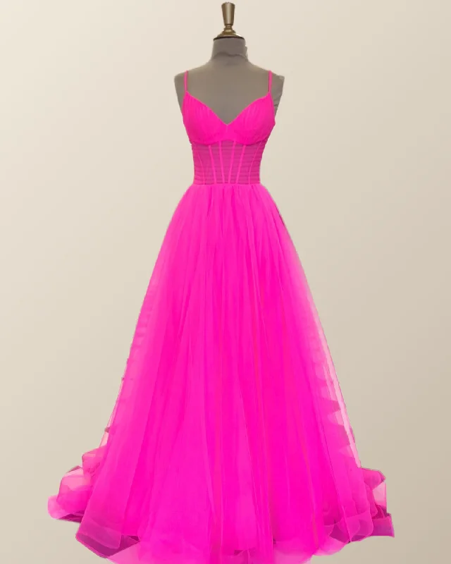 Designer Maxi Dresses-Neon Pink Pleated A-line Long Formal Dress