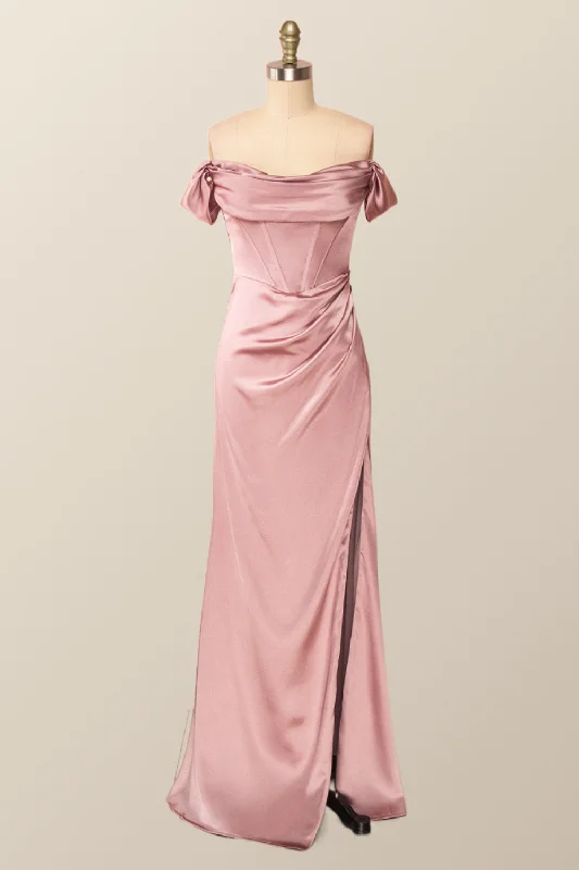 Sleeveless Maxi Dresses-Off the Shoulder Blush Mermaid Long Party Dress with Slit